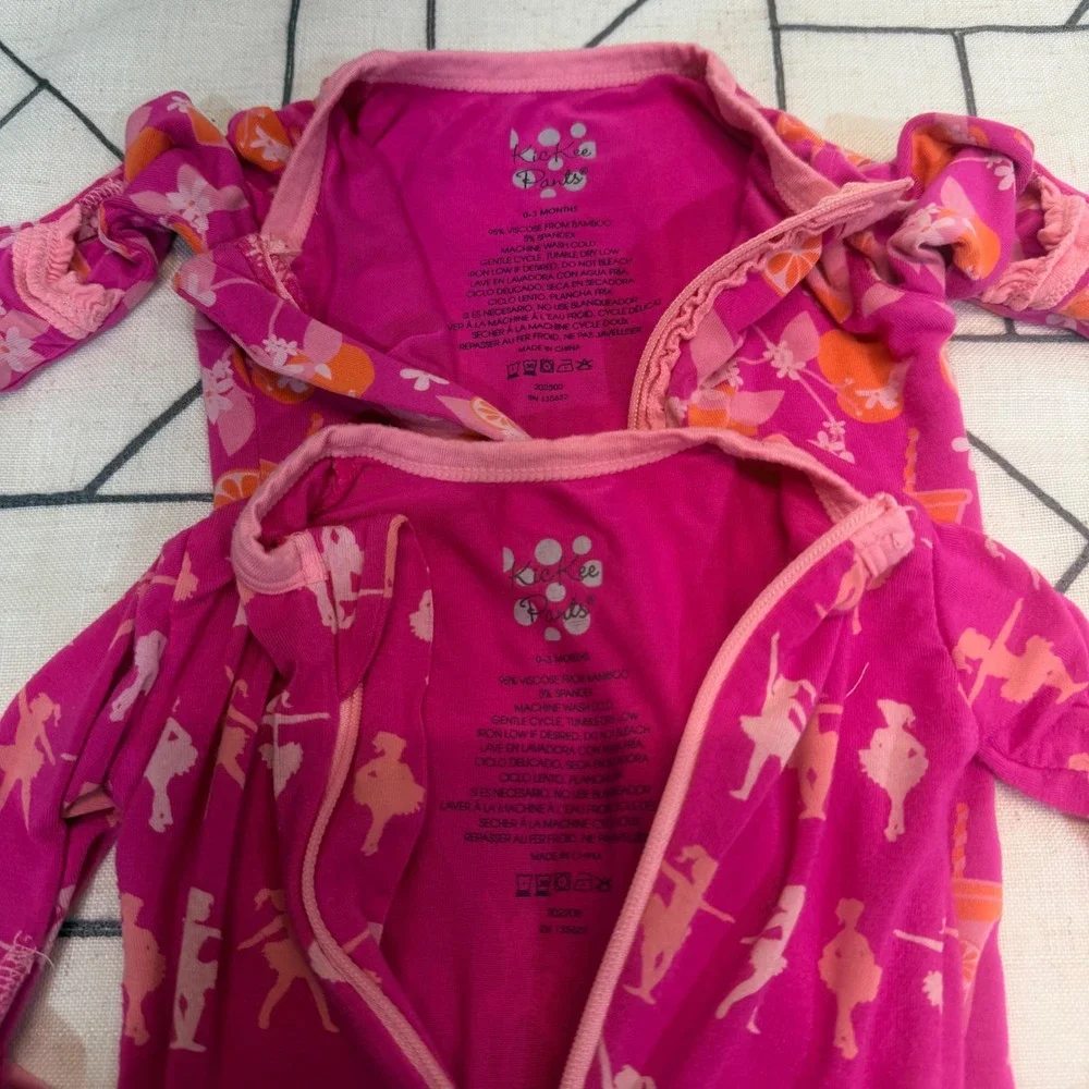 KicKee Pants Footie Pajamas 0-3 Months Pink Ballerina Citrus‎ Lot of 2 Rompers